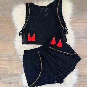 WAIMARI Black Lace Top & Short Set Womens Small Cropped Tassles Skort Resortwear